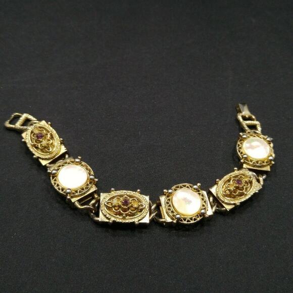 Vintage Mother of Pearl Rhinestone Box Style Link Bracelet, Distressed, 1950s - Picture 4 of 11